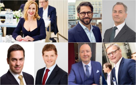 vlnr: Barbara Bertolini mit den Direct Lending Experten: Marco Sedlmayr, Hayfin; Christian Grein, UNIQA; Gabor Komaromi, Wiener Städtische; Fabian Wolfbeisser, Österreichische Hagelversicherung; Michael Kirnstötter, VBV-Pensionskasse; Johannes Kern, fibeg – Vermögensverwaltung Land Niederösterreich.